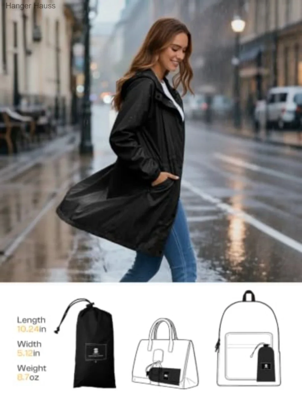 Lightweight Packable Long Rain Jacket Hooded Waterproof Trench Coat for Women